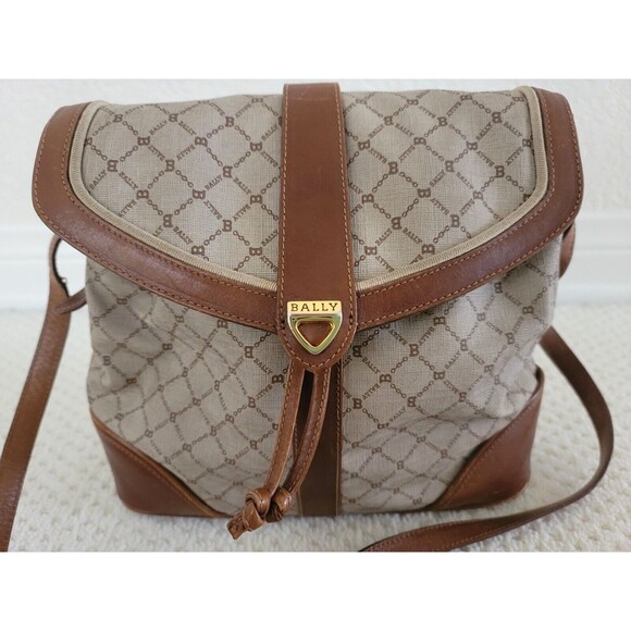 Vintage Bally Logo Canvas Print & Brown Leather handbag shoulder bag ITALY - Picture 2 of 15